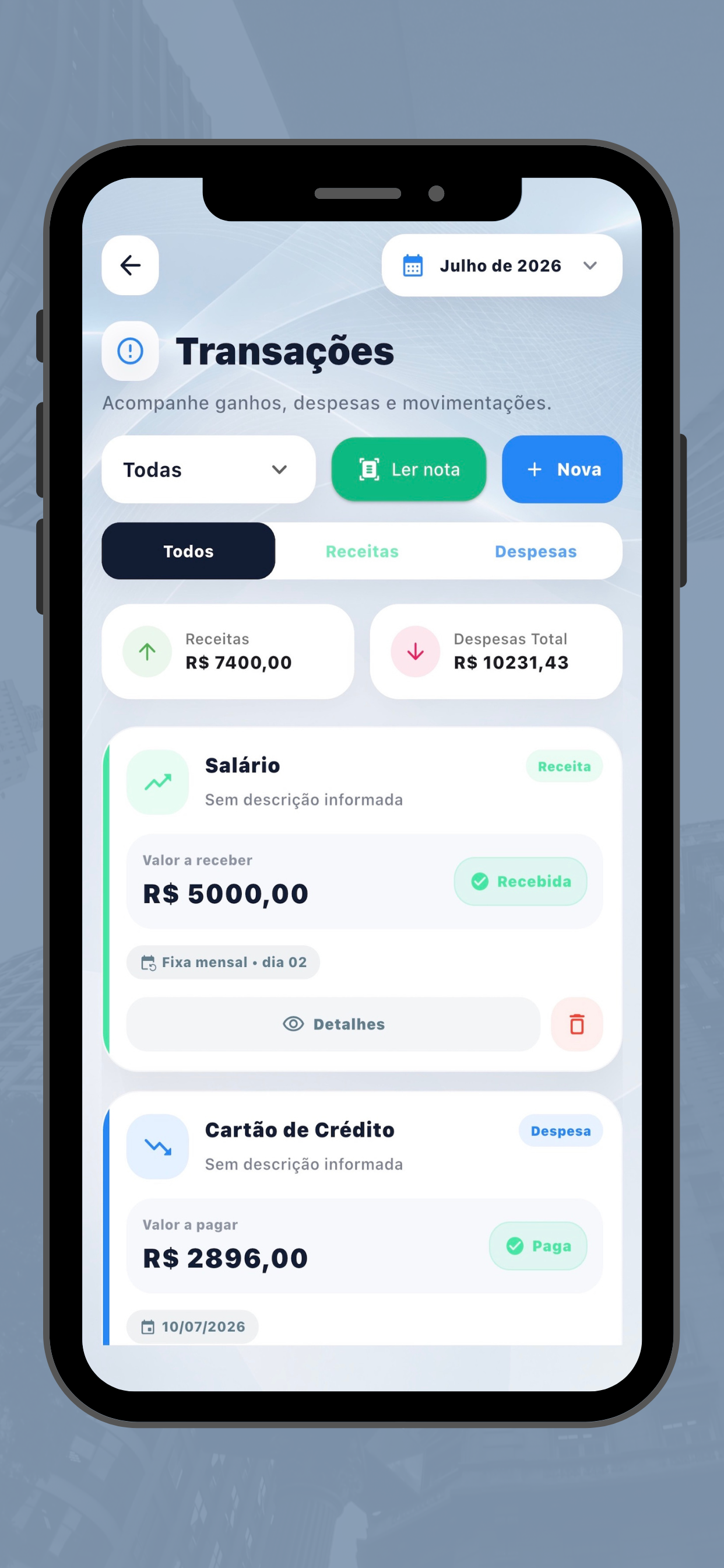 Tela de transações do Firenze Finanças