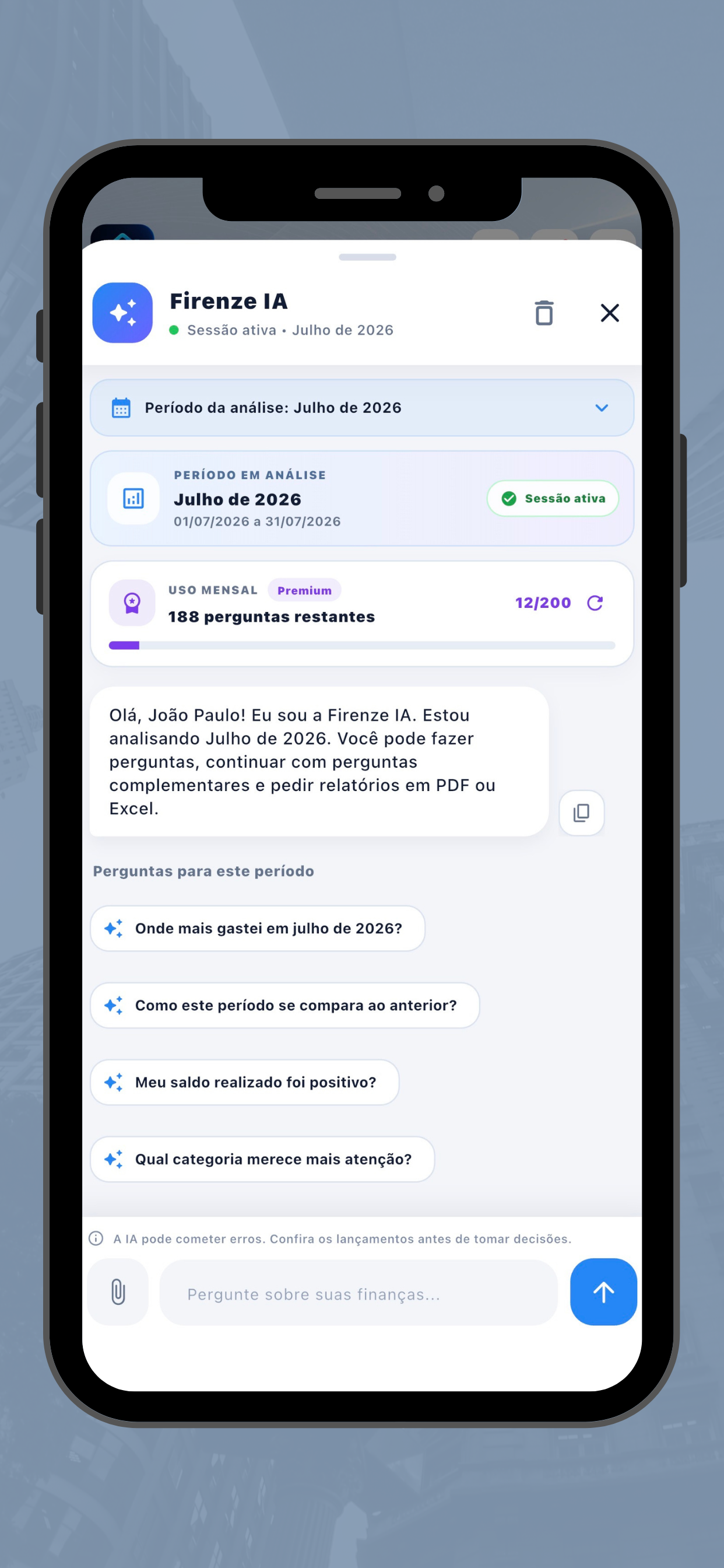 Tela Chat IA do Firenze Finanças