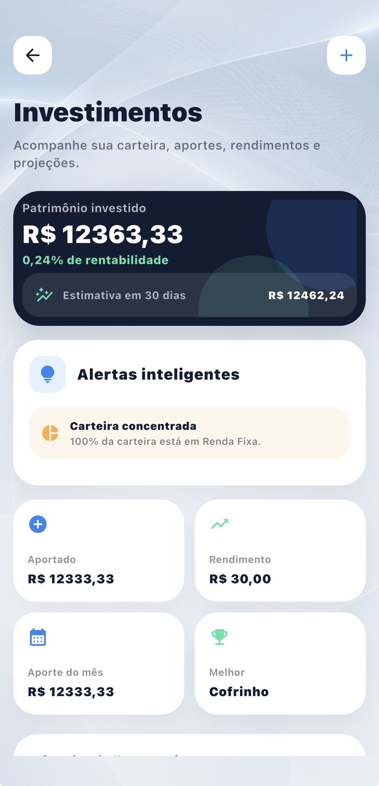 Tela de investimentos do Firenze Finanças