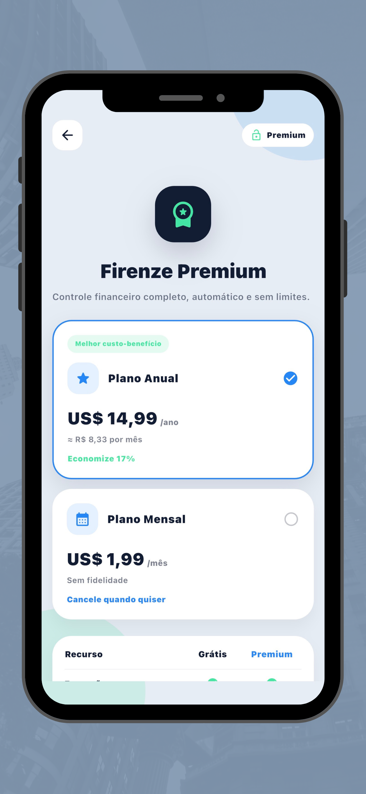 Tela Premium do Firenze Finanças