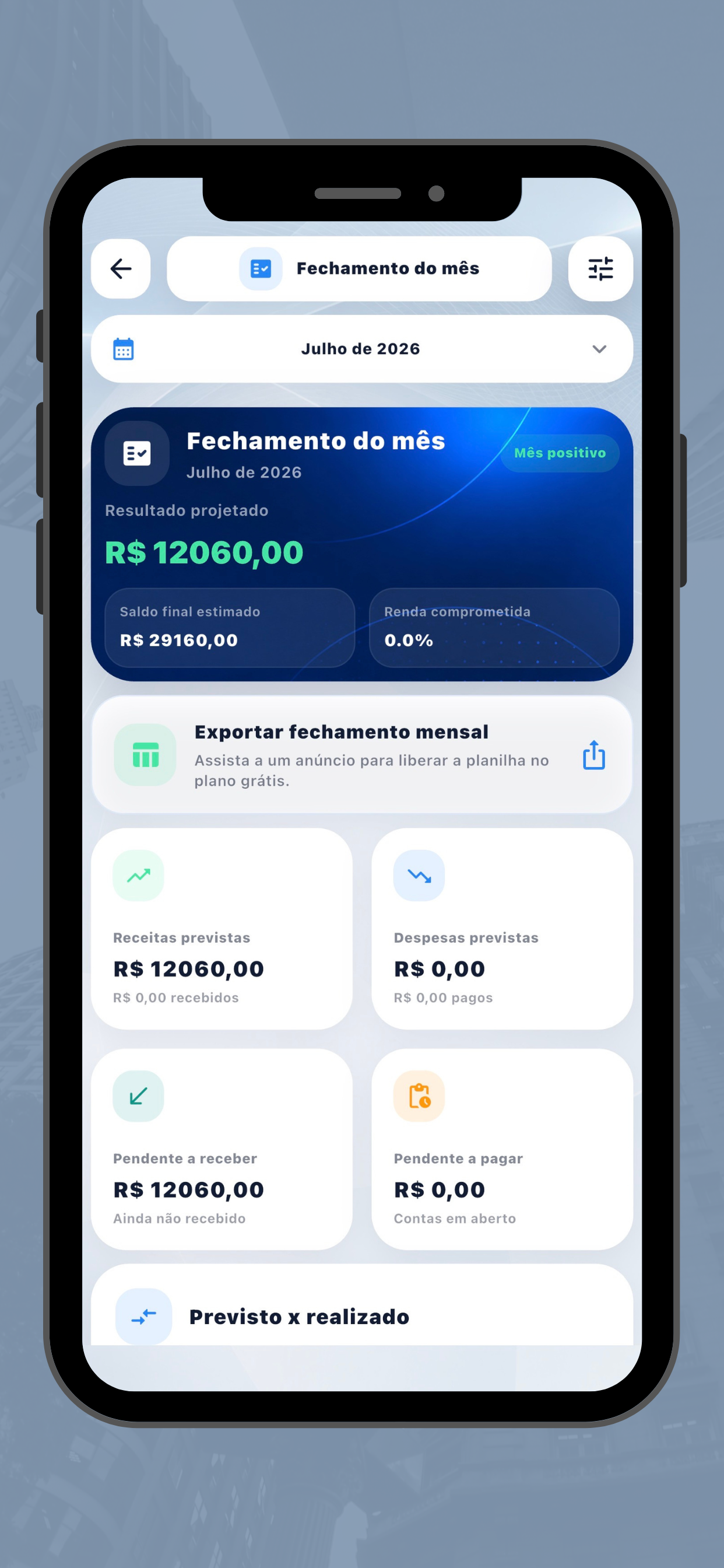 Tela de fechamento mensal do Firenze Finanças