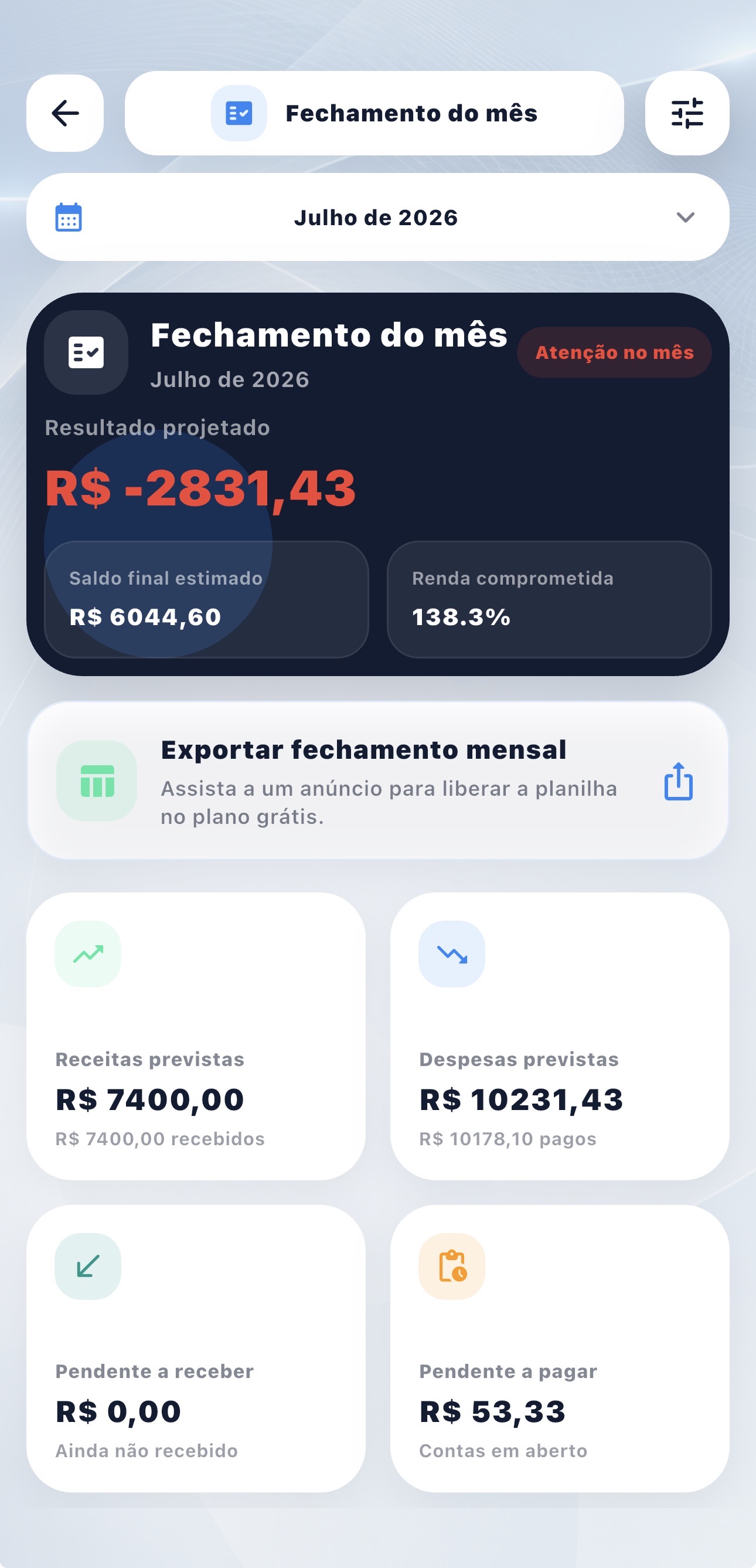 Tela de fechamento mensal do Firenze Finanças