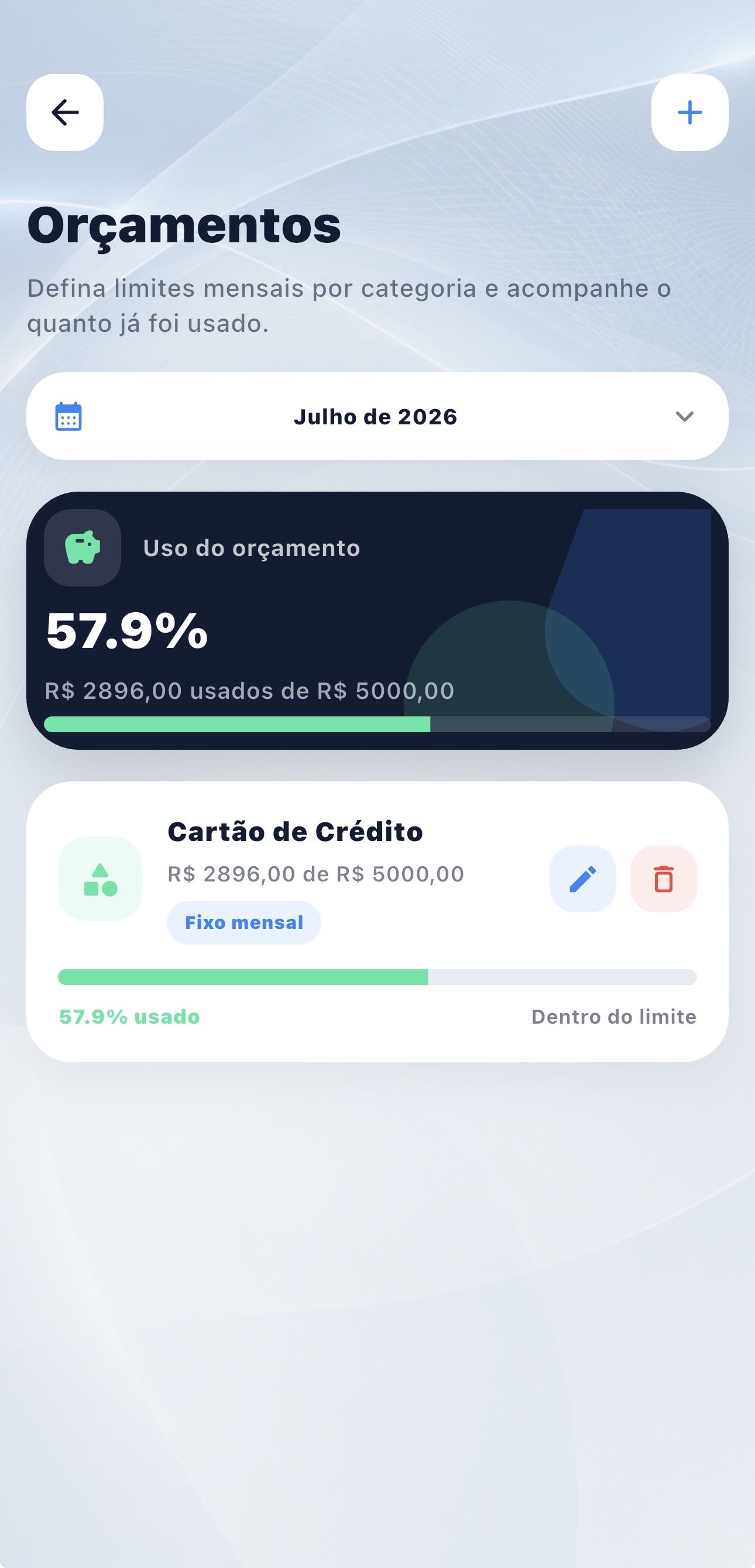 Tela de orçamentos do Firenze Finanças