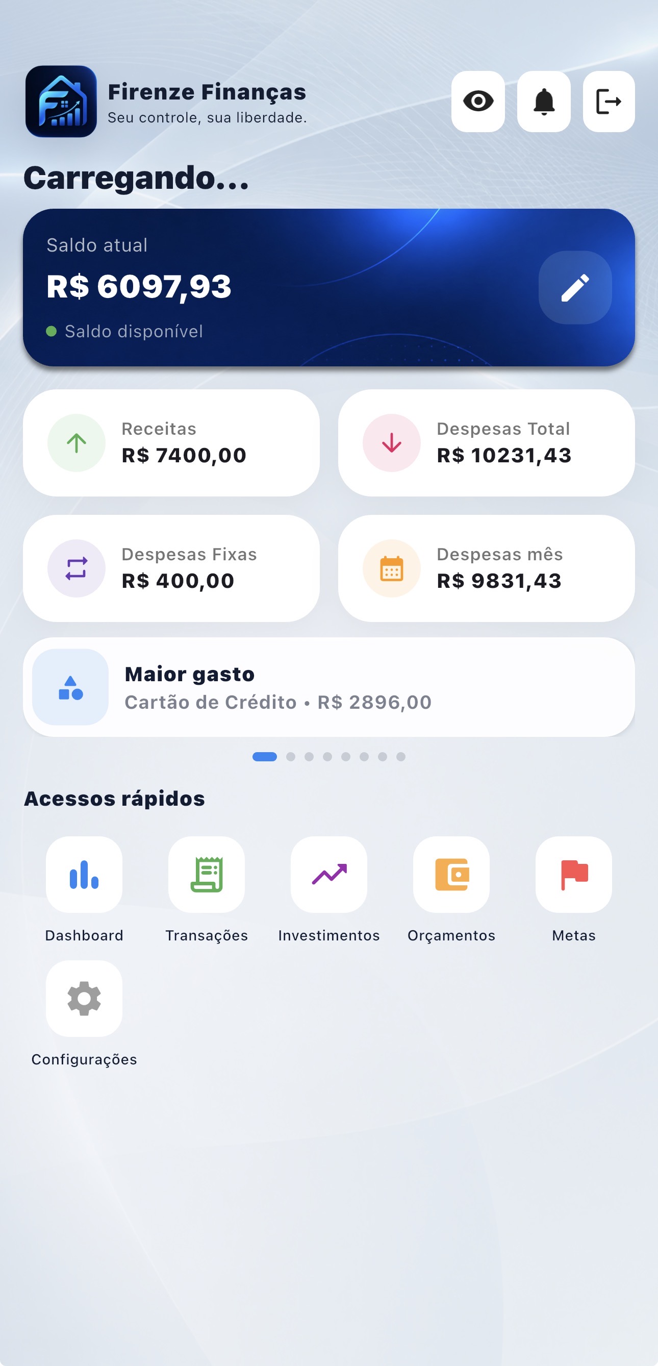 Tela inicial do Firenze Finanças
