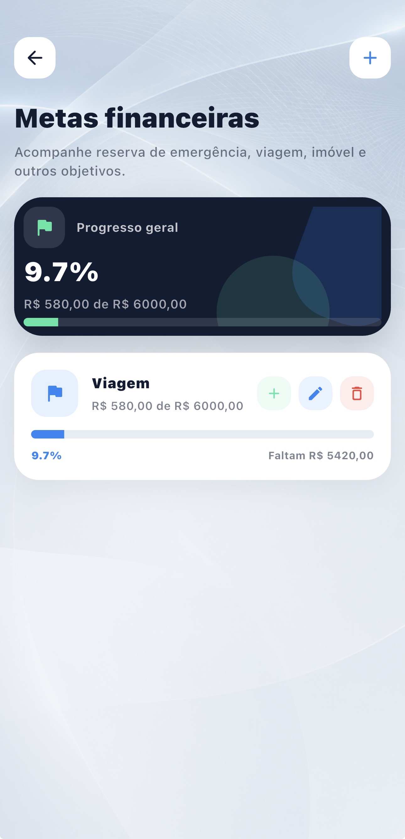 Tela de metas financeiras do Firenze Finanças