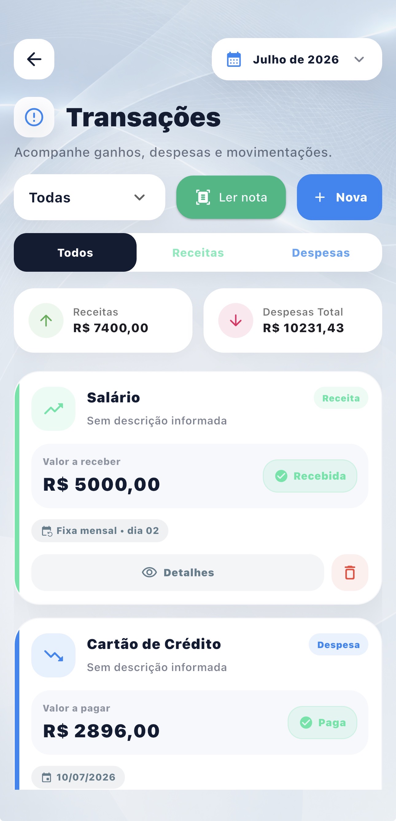 Tela de transações do Firenze Finanças